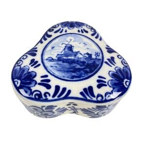 Vtg Hand-Painted Dutch Delft Blue and White Porcelain Trinket Box Windmill 2"